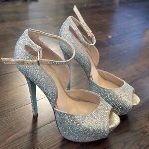 Betsey Johnson SB-Kiss Champagne Peep Toe Bridal Prom Rhinestone Heels